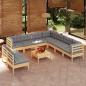 Preview: ARDEBO.de - 10-tlg. Garten-Lounge-Set mit Grauen Kissen Massivholz Kiefer