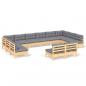Preview: 12-tlg. Garten-Lounge-Set mit Grauen Kissen Kiefer Massivholz
