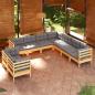 Preview: ARDEBO.de - 9-tlg. Garten-Lounge-Set mit Grauen Kissen Massivholz Kiefer