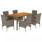 Preview: 7-tlg. Garten-Essgruppe mit Kissen Grau Poly Rattan Akazie