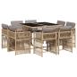 Preview: 9-tlg. Garten-Essgruppe mit Kissen Beigemischung Poly Rattan