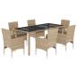 Preview: 7-tlg. Garten-Essgruppe mit Kissen Beige Poly Rattan und Glas