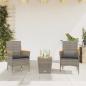 Preview: ARDEBO.de - 3-tlg. Bistro-Set mit Kissen Grau Poly Rattan und Glas