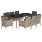 Preview: 9-tlg. Garten-Essgruppe mit Kissen Hellgrau Poly Rattan