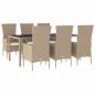 Preview: 7-tlg. Garten-Essgruppe mit Kissen Beige Poly Rattan