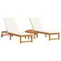Preview: Sonnenliegen 2 Stück mit Tisch und Kissen aus massivem Akazienholz, Sonnenliege mit cremefarbenen Kissen aus massivem Akazienholz, Gartenbeistelltisch 35x35x34 cm aus massivem Akazienholz