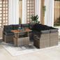 Preview: ARDEBO.de - 9-teiliges Garten-Sofa-Set mit Kissen Grau Poly Rattan Akazie, 2-Sitzer Garten-Sofa mit Kissen Grau Poly Rattan