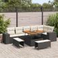 Preview: ARDEBO.de - 9-teilige Garten Sofa Set mit Kissen schwarzes Poly Rattan Akazie, 3-teiliges Garten Esstisch Set mit Kissen schwarzes Poly Rattan Akazie