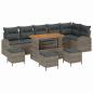 Preview: 10-teiliges Garten Sofa Set mit Kissen Grau Poly Rattan Akazie, 2-Sitzer Garten Sofa mit Kissen Grau Poly Rattan, 4-teiliges Garten Esstisch Set mit Kissen Grau Poly Rattan Akazie