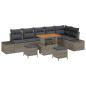 Preview: 9-teiliges Garten Sofa Set mit Kissen Grau Poly Rattan Akazie, 2-Sitzer Garten Sofa mit Kissen Grau Poly Rattan, 3-teiliges Garten Esstisch Set mit Kissen Grau Poly Rattan Akazie