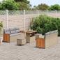 Preview: 9-teiliges Garten Sofa Set mit Kissen aus beigem Poly Rattan und Akazie, 2-Sitzer Garten Sofa mit Kissen aus beigem Poly Rattan, 3-teiliges Garten Essset mit Kissen aus beigem Poly Rattan und Akazie