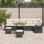Preview: 9-teiliges Garten Sofa Set mit Kissen Schwarz Poly Rattan Akazie, 3-teiliges Garten Esstisch Set mit Kissen Schwarz Poly Rattan Akazie
