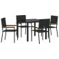 Preview: 5-teiliges Garten Esszimmer Set Schwarz Poly Rattan, stapelbare Gartenstühle mit Kissen - 2-teiliges Set in Schwarz Poly Rattan