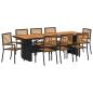 Preview: 9-teiliges Garten Esstisch Set Schwarz Poly Rattan Akazie, Stapelbare Gartenstühle mit Kissen 2 Stück Schwarz Poly Rattan