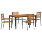Preview: 5-teiliges Garten Esszimmer Set Grau Poly Rattan Akazie, Stapelbare Gartenstühle mit Kissen 2 Stück Grau Poly Rattan, Gartentisch 150x90x75 cm Aus solidem Akazienholz und Metall