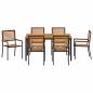 Preview: 7-teiliges Garten Essset Schwarz Poly Rattan Akazie, Stapelbare Gartenstühle mit Kissen 2 Stück Schwarz Poly Rattan, Gartentisch 150x90x75 cm aus massivem Akazienholz und Metall