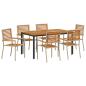 Preview: 7-teiliges Garten Essset Beige Poly Rattan Akazie, stapelbare Sessel mit Kissen - Set von 2 in Beige Poly Rattan, Gartentisch 150x90x75 cm aus massivem Akazienholz und Metall