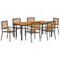 Preview: 7-teiliges Garten Esszimmer Set Schwarz Poly Rattan Akazie, Stapelbare Gartenstühle mit Kissen 2 Stück Schwarz Poly Rattan, Gartentisch 180x90x75 cm Aus massivem Akazienholz und Metall