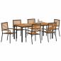 Preview: 7-teiliges Garten Esszimmer Set Schwarz Poly Rattan Akazie, Stapelbare Gartenstühle mit Kissen 2 Stück Schwarz Poly Rattan, Gartentisch 180x90x75 cm Aus massivem Akazienholz und Metall