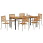 Preview: 7-teilige Garten Essgruppe Beige Poly Rattan Akazie, Stapelbare Gartenstühle mit Kissen - Set von 2 in Beige Poly Rattan, Gartentisch 180x90x75 cm Massiv Akazienholz und Metall