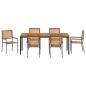 Preview: 7-teiliges Garten Esszimmer Set Grau Poly Rattan Akazie, Stapelbare Gartenstühle mit Kissen 2 Stück Grau Poly Rattan, Gartentisch 200x90x75 cm aus massivem Akazienholz und Metall
