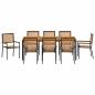 Preview: 9-teiliges Garten Essset Schwarz Poly Rattan Akazie, stapelbare Gartenstühle mit Kissen 2 Stück Schwarz Poly Rattan, Gartentisch 200x90x75 cm aus massivem Akazienholz und Metall