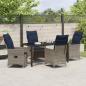 Preview: 5-teiliges Garten-Esszimmer Set mit Kissen Grau Poly Rattan, Gartentisch Schwarz 160x80x73 cm mit Temperglas
