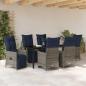 Preview: 7 teiliges Garten Essset mit Kissen Grau Poly Rattan, Gartentisch Schwarz 160x80x73 cm Gehärtetes Glas