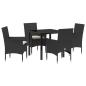 Preview: 5-teiliges Garten-Dining-Set mit Kissen Schwarzes Poly-Rattan, Gartentisch Schwarz 80x80x73 cm Sicherheitsglas