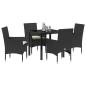 Preview: 5-teiliges Garten-Dining-Set mit Kissen Schwarzes Poly-Rattan, Gartentisch Schwarz 80x80x73 cm Sicherheitsglas