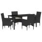 Preview: 5-teiliges Garten-Essgruppe mit Kissen Schwarz Poly Rattan, Gartentisch Schwarz 160x80x73 cm Temperede Glass