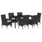 Preview: 7 Teile Garten Essset mit Kissen Schwarz Poly Rattan, Gartentisch Schwarz 160x80x73 cm Gehärtetes Glas