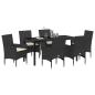 Preview: 7 Teile Garten Essset mit Kissen Schwarz Poly Rattan, Gartentisch Schwarz 160x80x73 cm Gehärtetes Glas