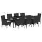 Preview: 9-teiliges Garten Essgruppe mit Kissen aus schwarzem Poly-Rattan, Gartentisch schwarz 200x80x73 cm mit Sicherheitsglas