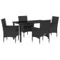 Preview: 5-teiliges Garten Essgruppe Set mit Kissen Schwarz Poly-Rattan, Gartentisch Schwarz 140x80x73 cm Sicherheitsglas