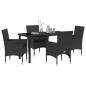 Preview: 5-teiliges Garten Essgruppe Set mit Kissen Schwarz Poly-Rattan, Gartentisch Schwarz 140x80x73 cm Sicherheitsglas