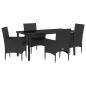 Preview: 5-teiliges Garten-Essset mit Kissen Schwarz Poly-Rattan, Gartentisch Schwarz 160x80x73 cm Sicherheitsglas