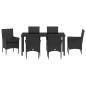 Preview: 7-teiliges Garten Esstisch Set mit Kissen schwarzes Poly-Rattan, Gartentisch Schwarz 160x80x73 cm Sicherheitsglas