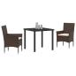 Preview: 3-teilige Garten Essgruppe mit Kissen Braun Poly Rattan, Gartentisch Schwarz 80x80x73 cm Tempered Glass
