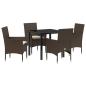 Preview: 5-teilige Garten Essgruppe mit Kissen Braunes Poly Rattan, Gartentisch Schwarz 80x80x73 cm Sicherheitsglas