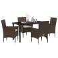 Preview: 5-teiliges Garten Esstisch Set mit Kissen Braunes Poly-Rattan, Gartentisch Schwarz 140x80x73 cm Einscheibensicherheitsglas