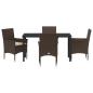 Preview: 5-teiliges Garten Esstisch Set mit Kissen Braunes Poly-Rattan, Gartentisch Schwarz 140x80x73 cm Einscheibensicherheitsglas