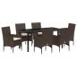 Preview: 7-teilige Garten Essgruppe mit Kissen in braunem Poly-Rattan, Gartentisch in Schwarz 160x80x73 cm mit Temperglas