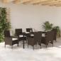 Preview: 7-teilige Garten Essgruppe mit Kissen in braunem Poly-Rattan, Gartentisch in Schwarz 160x80x73 cm mit Temperglas