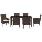 Preview: 7-teilige Garten Essgruppe mit Kissen in braunem Poly-Rattan, Gartentisch in Schwarz 160x80x73 cm mit Temperglas