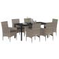 Preview: 7-teiliges Garten-Essen-Set mit Kissen Grau Poly-Rattan, Gartentisch Schwarz 160x80x73 cm Sicherheitsglas