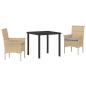 Preview: 3-Teiliges Garten Essset mit Kissen Beige Poly-Rattan, Gartentisch Schwarz 80x80x73 cm Sicherheitsglas