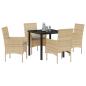Preview: 5-teilige Garten Essgruppe mit Kissen Beige Poly Rattan, Gartentisch Schwarz 80x80x73 cm Tempered Glass