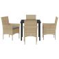 Preview: 5-teilige Garten Essgruppe mit Kissen Beige Poly Rattan, Gartentisch Schwarz 80x80x73 cm Tempered Glass