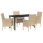 Preview: 5-teiliges Garten-Essset mit Kissen Beige Poly Rattan, Gartentisch Schwarz 140x80x73 cm Sicherheitsglas